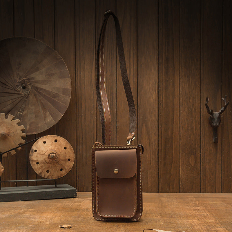 メンズショルダーバッグ 手作り 牛皮本革 クレイジー・ホース 男性用斜めがけバッグ スマホポーチ ウエストポーチ