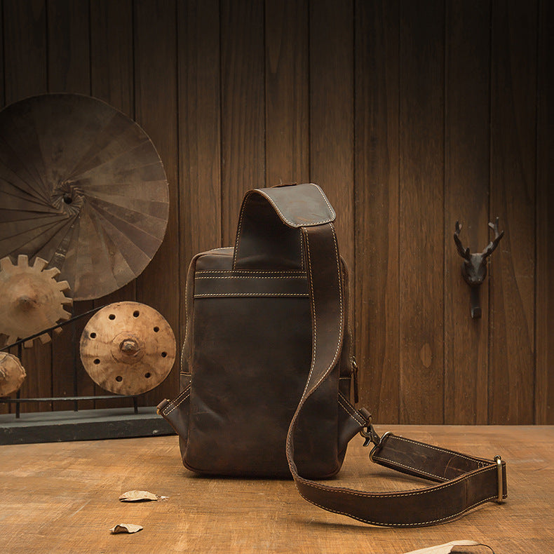 メンズバストバッグ 手作り 牛皮本革製 クレイジー・ホース レトロ ファッション 斜めがけショルダーバッグ