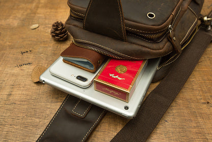 メンズバストバッグ 手作り 牛皮本革製 クレイジー・ホース レトロ ファッション 斜めがけショルダーバッグ