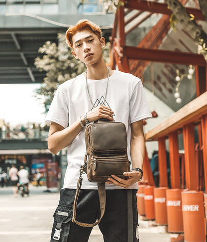 メンズバストバッグ 手作り 牛皮本革製 クレイジー・ホース レトロ ファッション 斜めがけショルダーバッグ