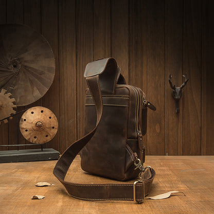 メンズバストバッグ 手作り 牛皮本革製 クレイジー・ホース レトロ ファッション 斜めがけショルダーバッグ