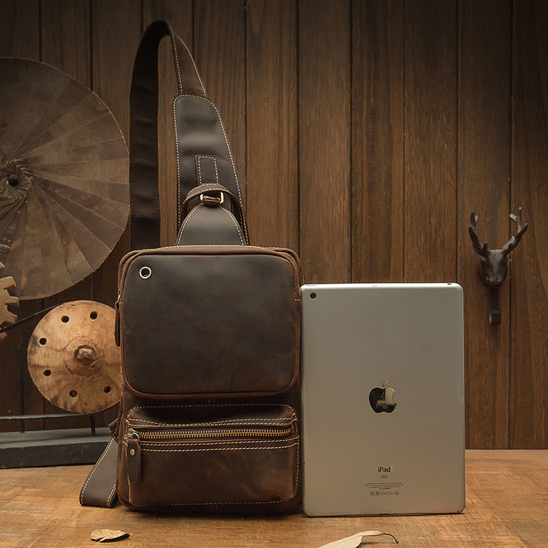 メンズバストバッグ 手作り 牛皮本革製 クレイジー・ホース レトロ ファッション 斜めがけショルダーバッグ