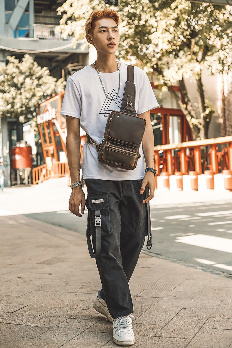 メンズバストバッグ 手作り 牛皮本革製 クレイジー・ホース レトロ ファッション 斜めがけショルダーバッグ