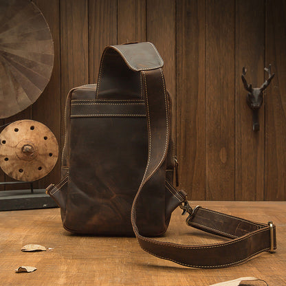メンズバストバッグ 手作り 牛皮本革製 クレイジー・ホース レトロ ファッション 斜めがけショルダーバッグ