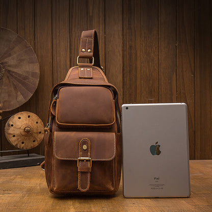 メンズバストバッグ 手作り 牛皮本革製 クレイジー・ホース レトロ ファッション カジュアル户外斜めがけバッグショルダーバッグ