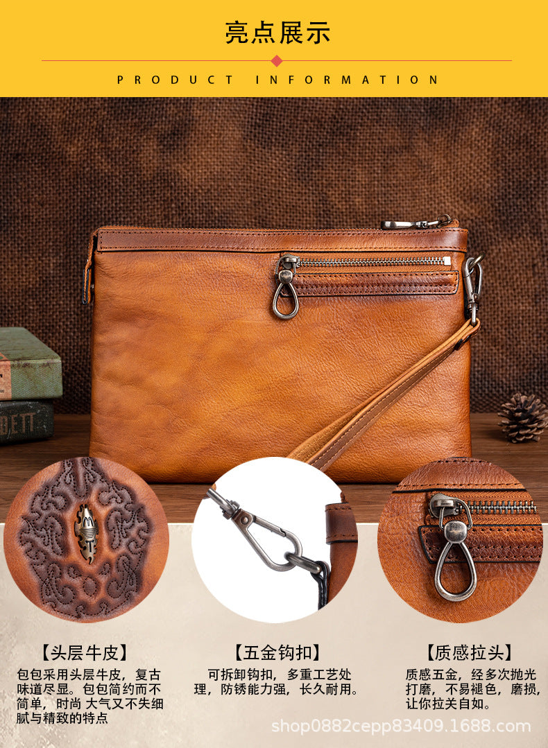 メンズクラッチバッグ牛革本革製レトロ個性ファッション カジュアル男性用ハンドバッグ