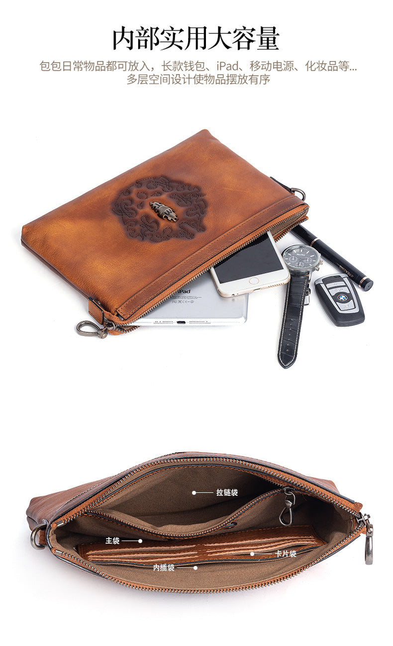 メンズクラッチバッグ牛革本革製レトロ個性ファッション カジュアル男性用ハンドバッグ