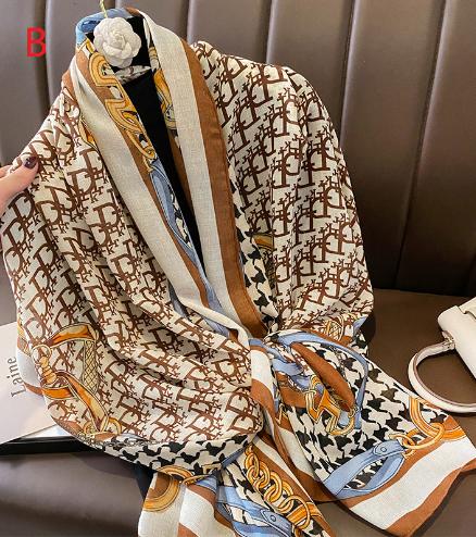 スカーフおしゃれな字母柄チェーンプリント柄綿麻手触りスカーフストール女性