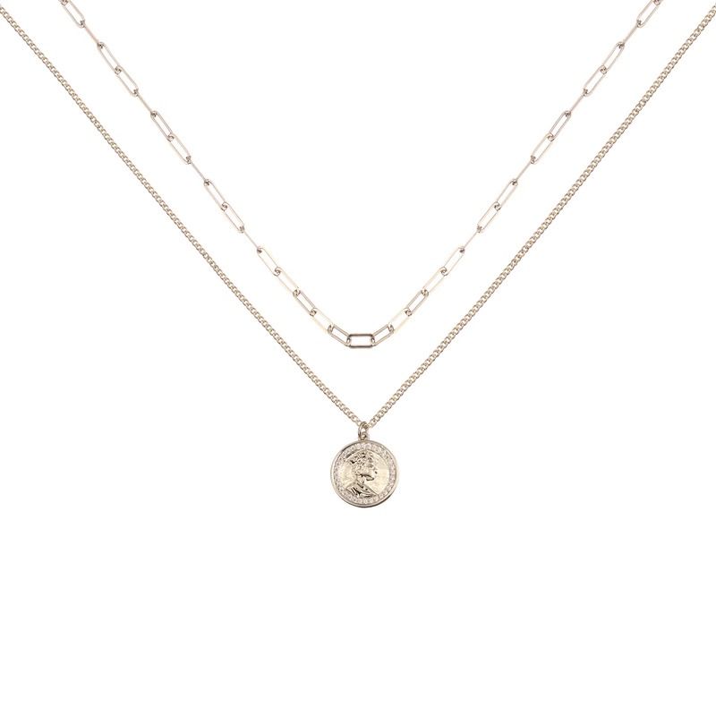 AJIDOU 金属シリーズ二重重ね式女王硬貨ネックレスペンダント二重鎖骨チェーン