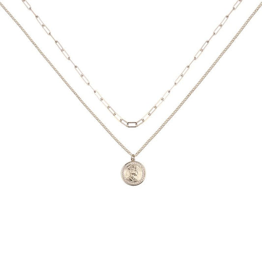 AJIDOU 金属シリーズ二重重ね式女王硬貨ネックレスペンダント二重鎖骨チェーン