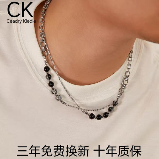 Ceadry kledle 欧米ヒップホップトレンドデザイン色落ちしない二重チェーンガラスビーズネックレス