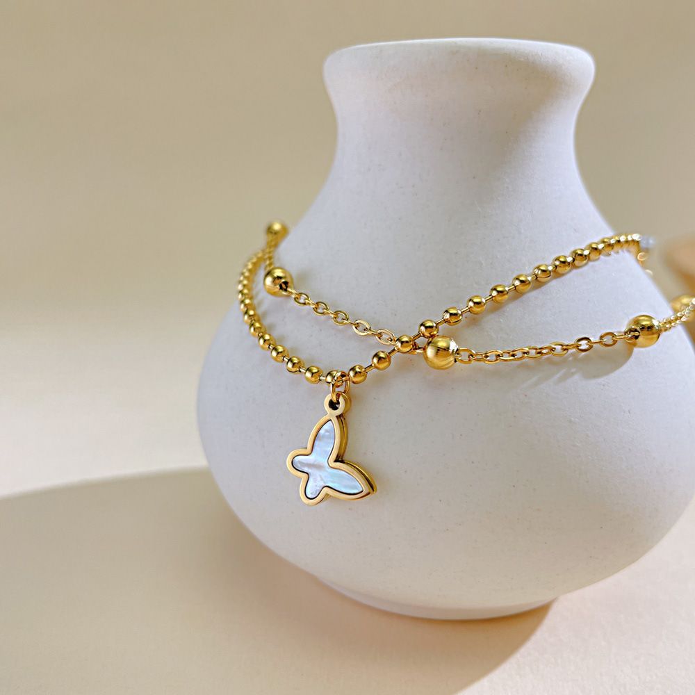 Ceadry kledle 日韓ファッション二重重ねビーズ蝶脚鎖色落ちしないアンクレット足首饰りガールフレンド520プレゼント