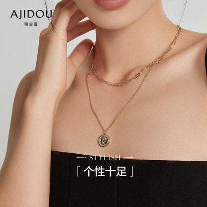 AJIDOU 金属シリーズ二重重ね式女王硬貨ネックレスペンダント二重鎖骨チェーン