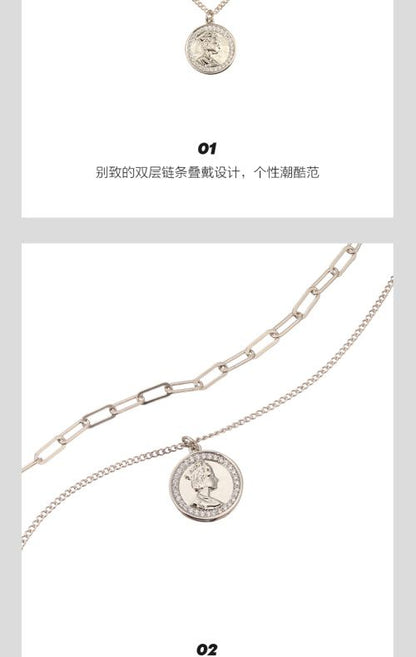 AJIDOU 金属シリーズ二重重ね式女王硬貨ネックレスペンダント二重鎖骨チェーン