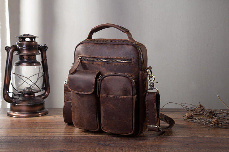 メンズショルダーバッグ牛革本革製レトロ男性用斜めがけバッグ