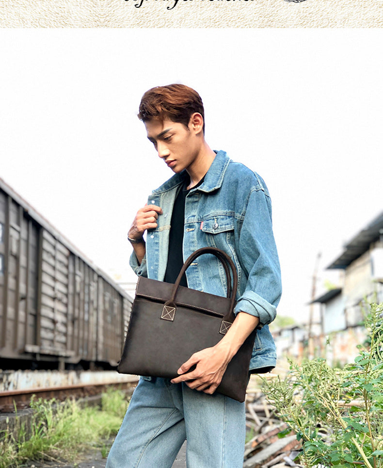 メンズ手提げかばん ハンドバッグ 手作業 韩国ファッション 牛革本革製 カジュアルビジネス用ブリーフケース薄型パソコンバッグ