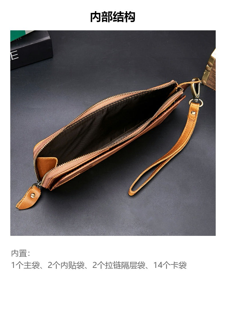 メンズ長財布 牛革ファスナー カード入れ 大容量クラッチバッグ 男性用ウォレット
