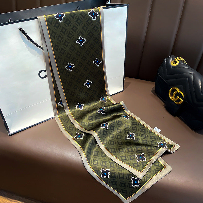 シルクフランス両面ロングスカーフ女性プリント柄ファッションシルク二重リボン