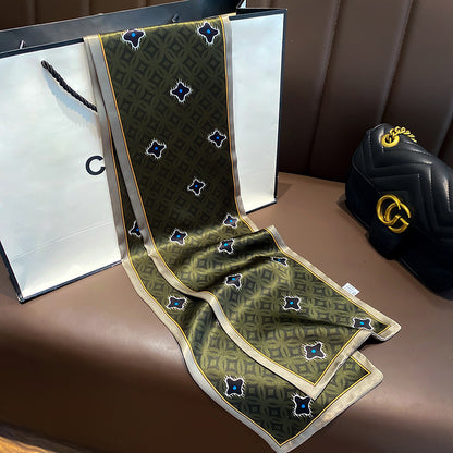 シルクフランス両面ロングスカーフ女性プリント柄ファッションシルク二重リボン