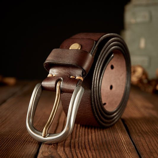 メンズベルト 牛革本革製 手作り 針バックル カジュアルヴィンテージ男性用ベルト