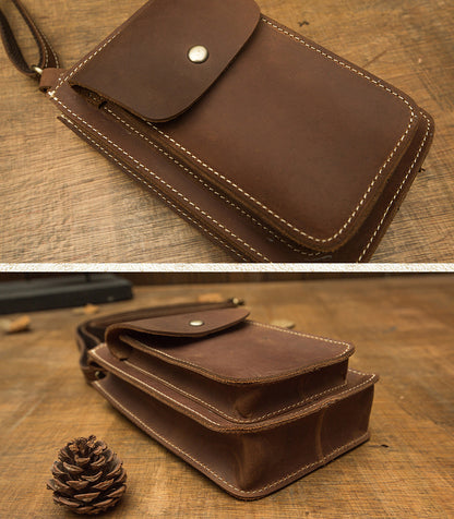 メンズショルダーバッグ 手作り 牛皮本革 クレイジー・ホース 男性用斜めがけバッグ スマホポーチ ウエストポーチ