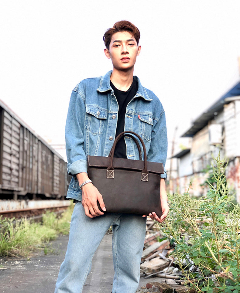 メンズ手提げかばん ハンドバッグ 手作業 韩国ファッション 牛革本革製 カジュアルビジネス用ブリーフケース薄型パソコンバッグ