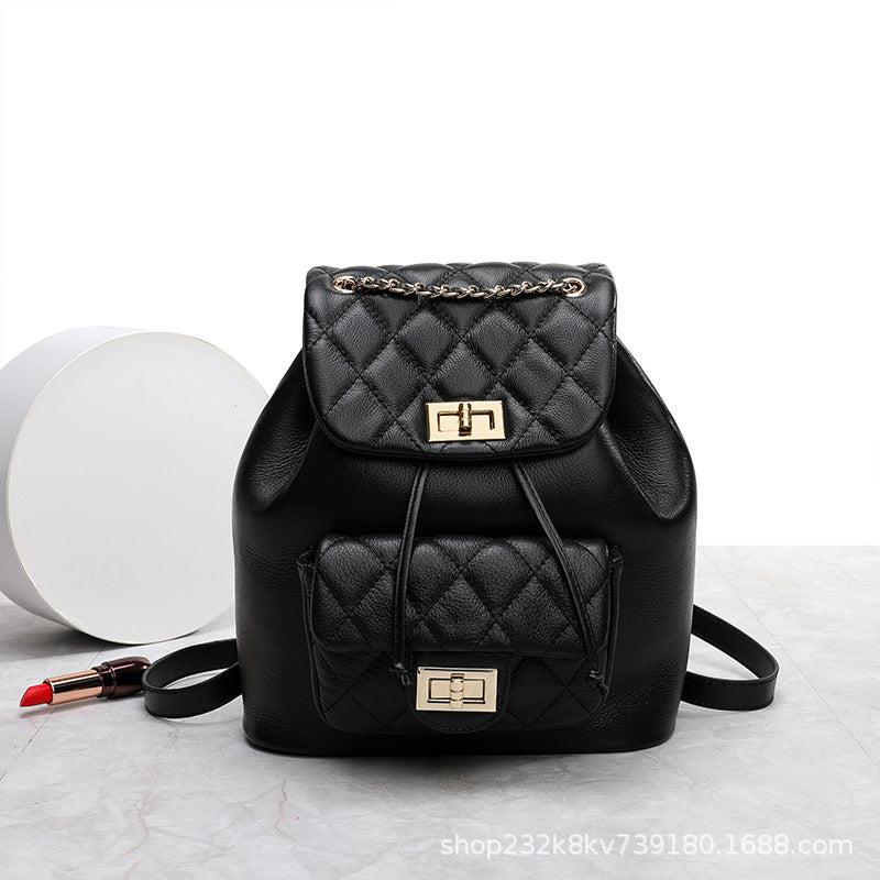 牛革レディースリュックサックチェックチェーンバッグ女性高級感カジュアルランドセル