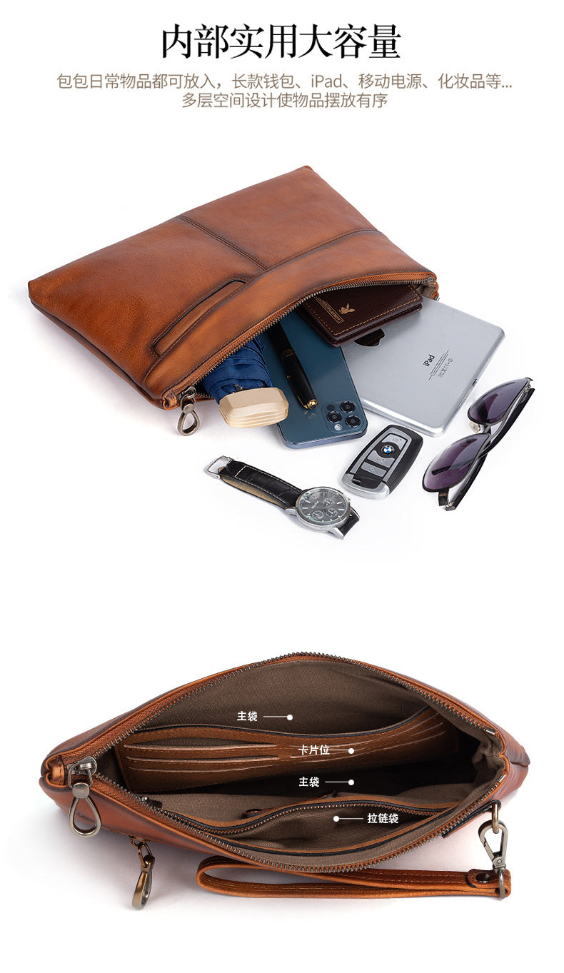 メンズ財布牛革本革製クラッチバッグレトロカジュアル男性用ハンドバッグ