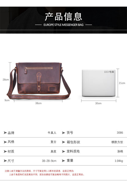 メンズ斜めがけバッグ牛革本革製レトロ男性用ショルダーバッグ