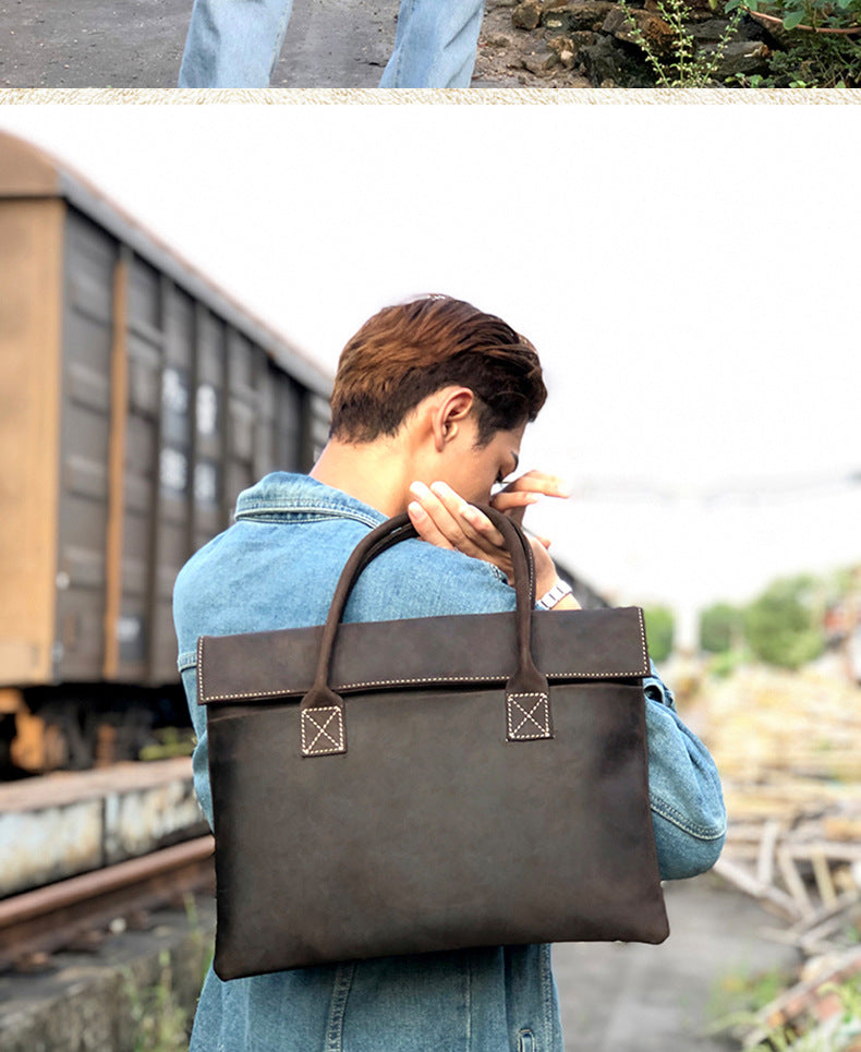 メンズ手提げかばん ハンドバッグ 手作業 韩国ファッション 牛革本革製 カジュアルビジネス用ブリーフケース薄型パソコンバッグ