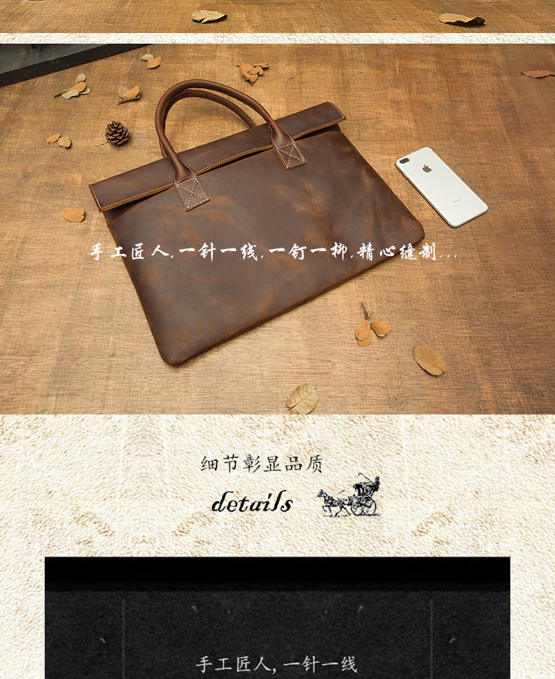 メンズ手提げかばん ハンドバッグ 手作業 韩国ファッション 牛革本革製 カジュアルビジネス用ブリーフケース薄型パソコンバッグ