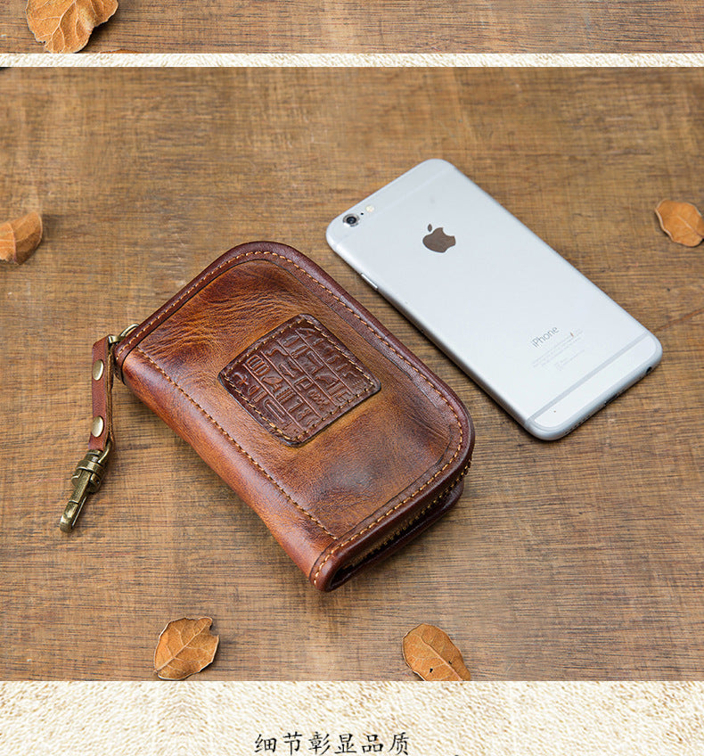 メンズ財布手作り牛革本革製ファスナー腰にかけるキーホルダー多機能ファッション男性用バッグ