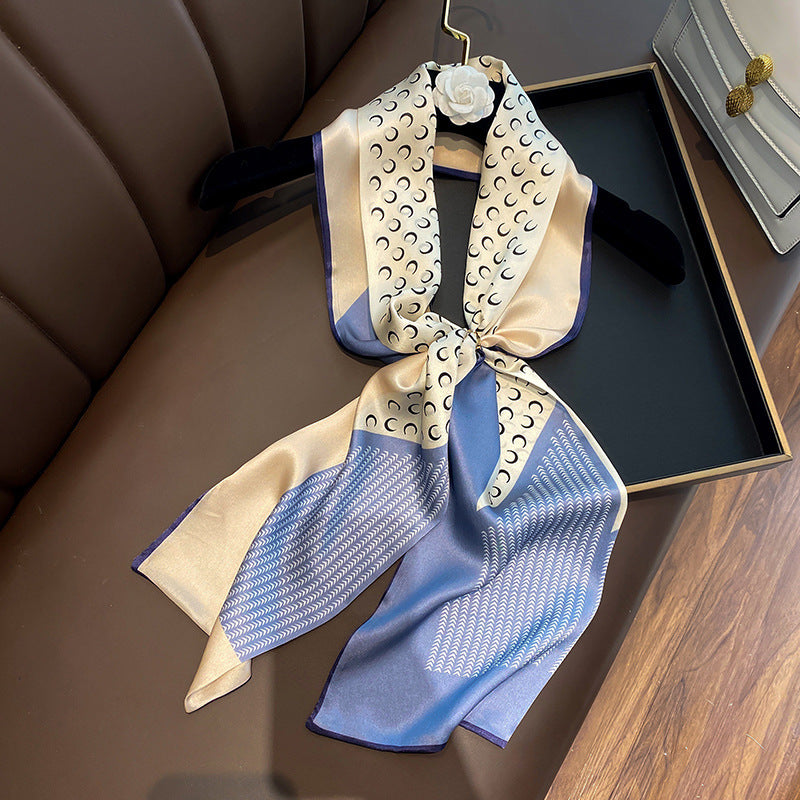 シルクスカーフ二重プリント柄ネクタイロングマフラー女リボン気質ネッカチーフ