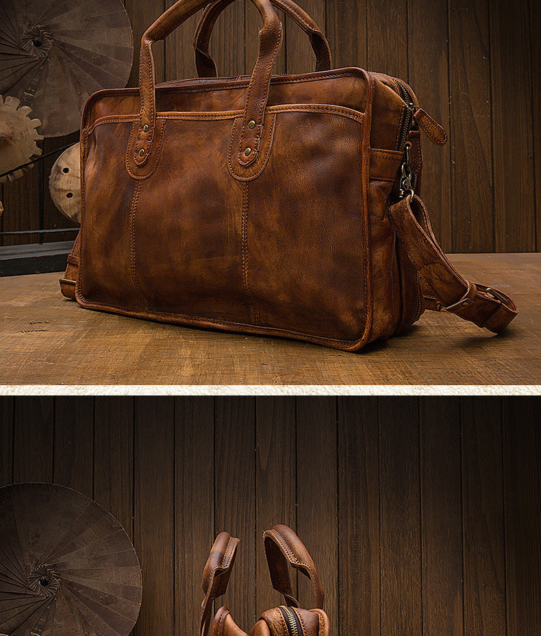 メンズ手提げかばん ブリーフケース 手作り 牛皮 レトロ旅行かばん 斜めがけショルダーバッグ パソコンバッグ ハンドバッグ