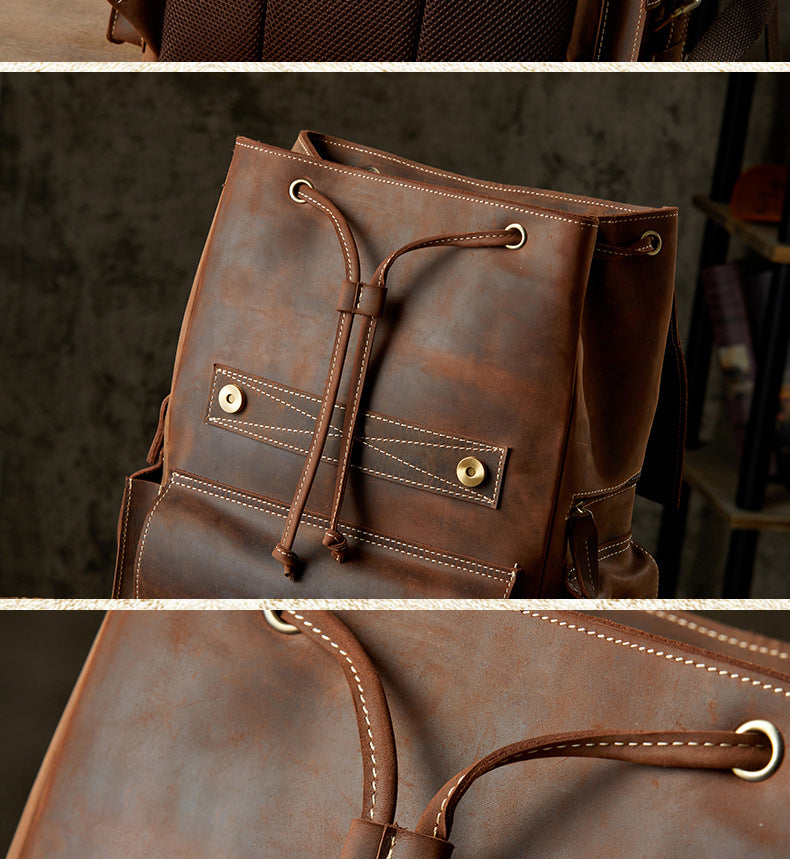 メンズリュックサック 牛革 大容量 手作り 個性レトロ カジュアル男性用旅行かばん
