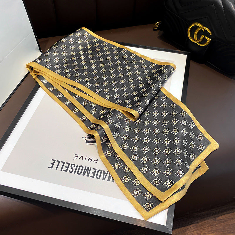 シルクフランス両面ロングスカーフ女性プリント柄ファッションシルク二重リボン