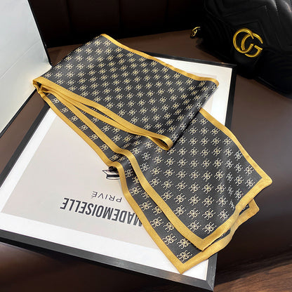 シルクフランス両面ロングスカーフ女性プリント柄ファッションシルク二重リボン