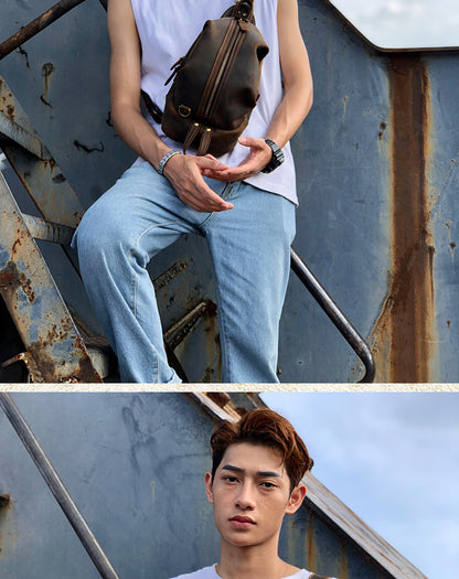 メンズバストバッグ 牛革本革製 手作り カジュアルヴィンテージ個性韩国ファッション男性用斜めがけバッグ