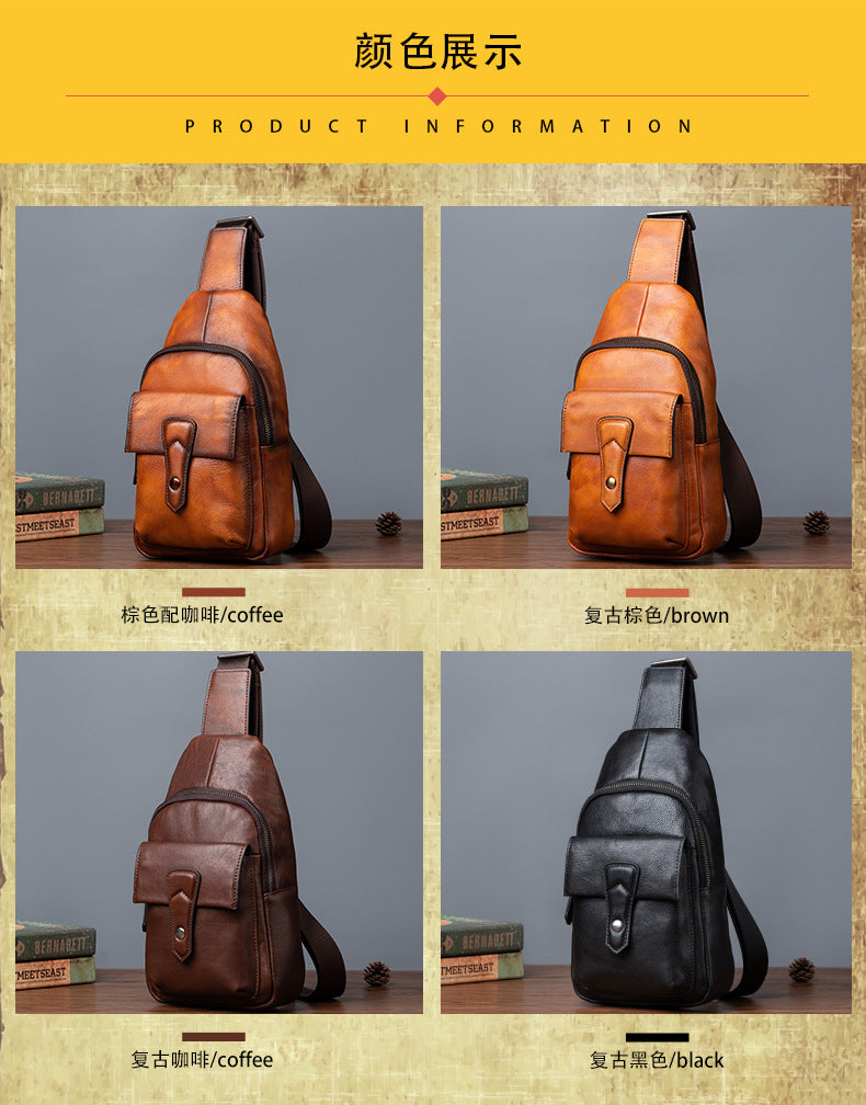 メンズバストバッグ牛革本革製レトロカジュアル男性用斜めがけバッグ