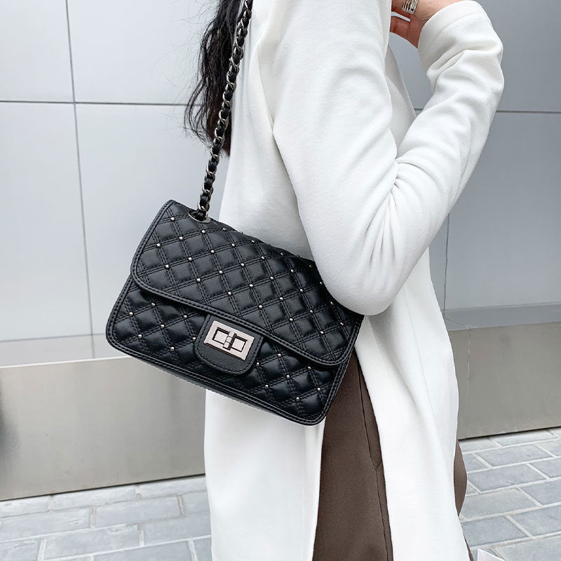 本革レディースバッグチェック柄チェーンバッグスクエアバッグシンプルエレガントショルダーバッグ.ポシェット