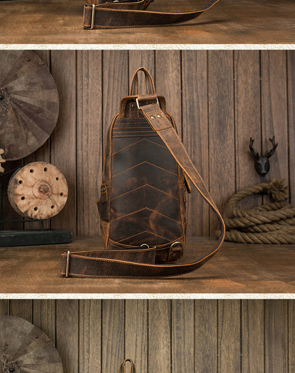 メンズバストバッグ 牛革本革製 手作り カジュアルヴィンテージ個性韩国ファッション男性用斜めがけバッグ