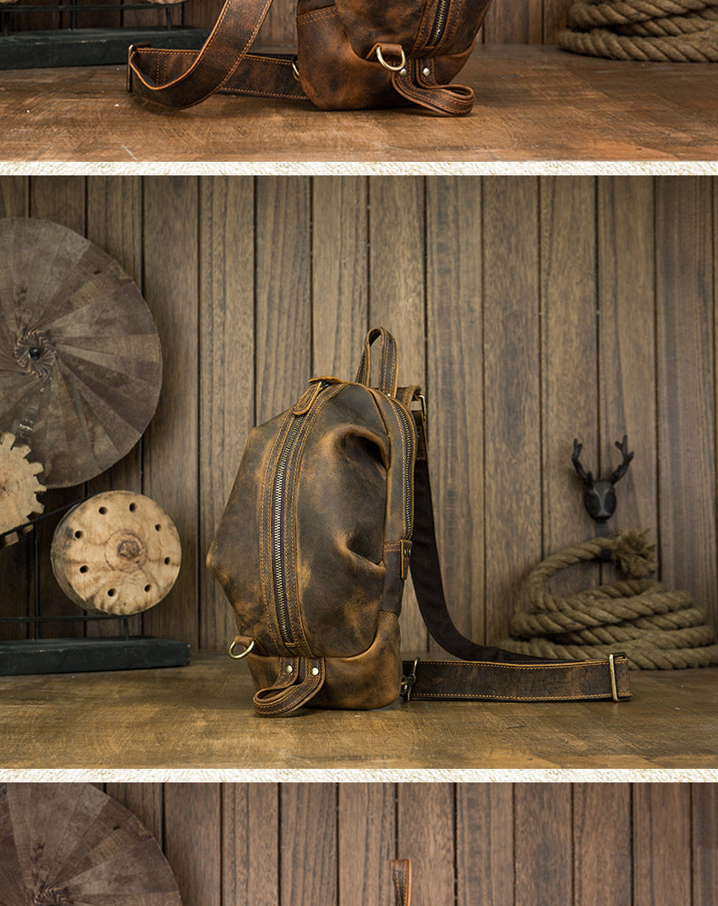 メンズバストバッグ 牛革本革製 手作り カジュアルヴィンテージ個性韩国ファッション男性用斜めがけバッグ