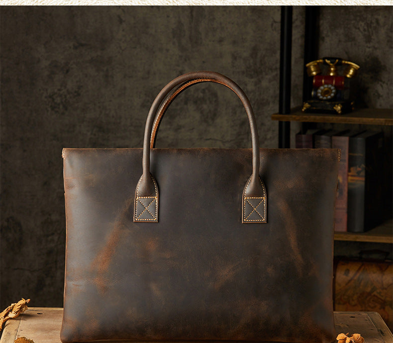 メンズ手提げかばんハンドバッグ手作業牛皮クレイジー・ホース 出張携帯便利ビジネスカジュアル男性用ブリーフケース薄型パソコンバッグ