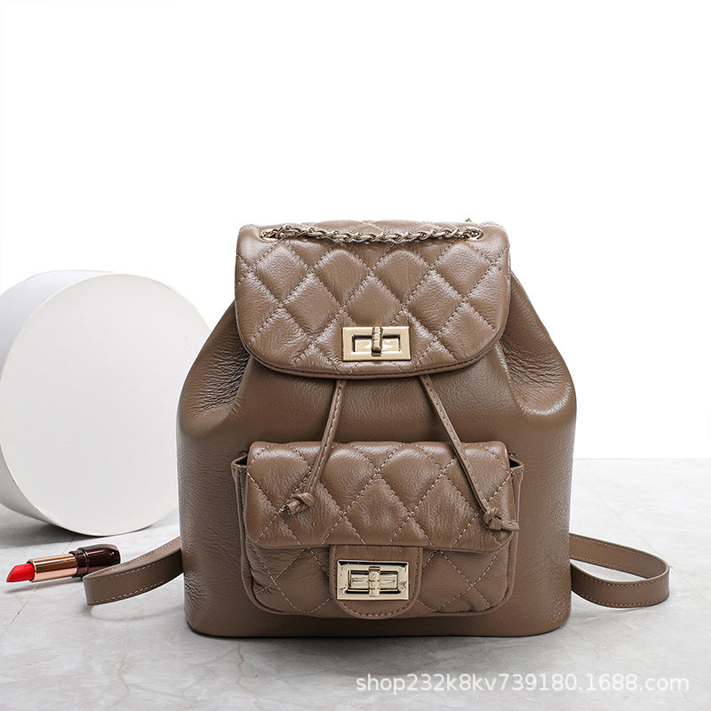 牛革レディースリュックサックチェックチェーンバッグ女性高級感カジュアルランドセル