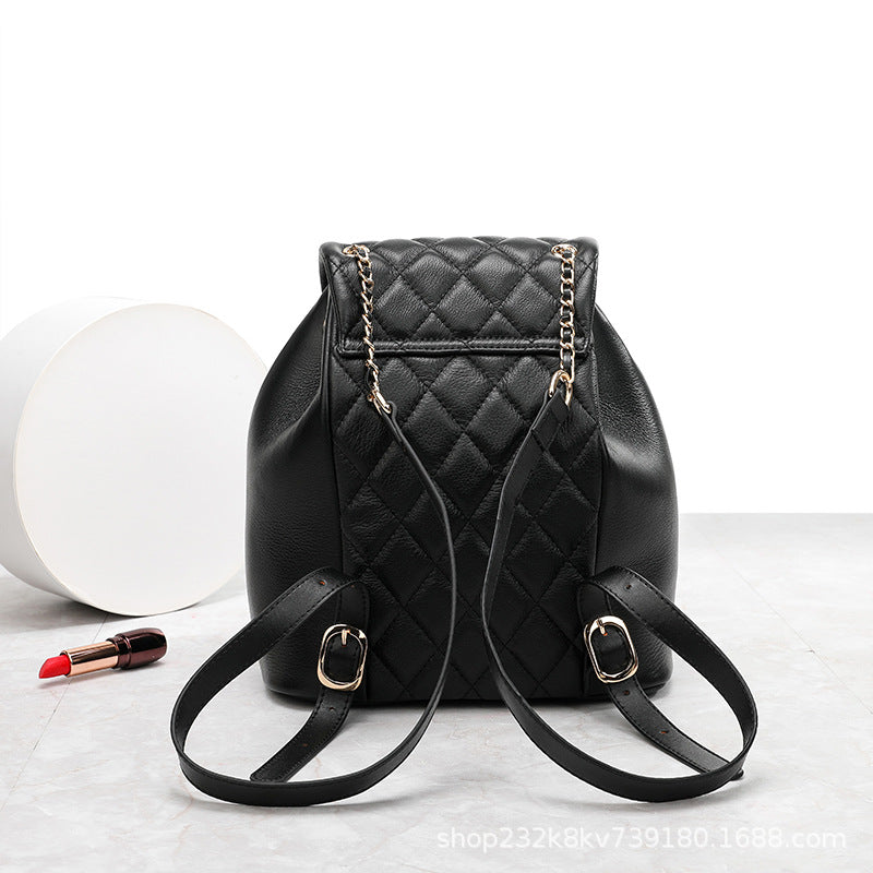 牛革レディースリュックサックチェックチェーンバッグ女性高級感カジュアルランドセル