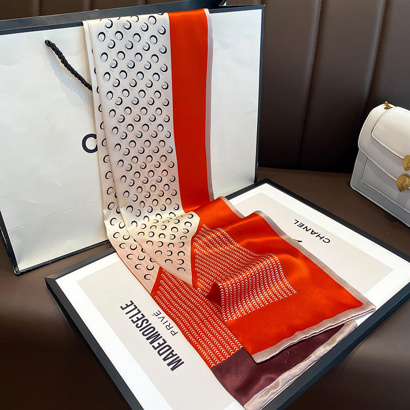 シルクスカーフ二重プリント柄ネクタイロングマフラー女リボン気質ネッカチーフ