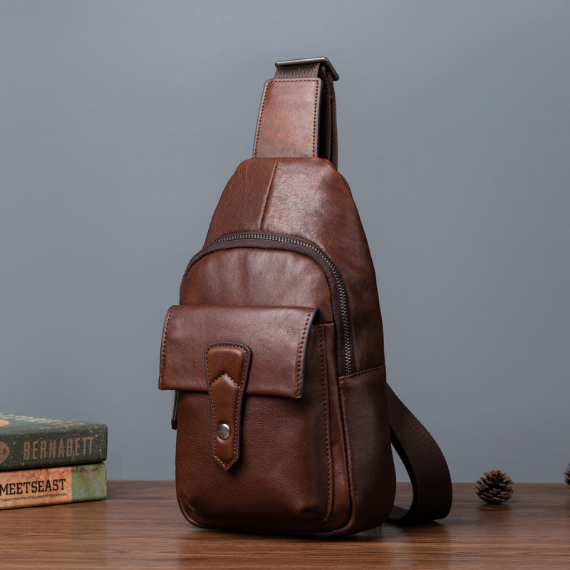 メンズバストバッグ牛革本革製レトロカジュアル男性用斜めがけバッグ
