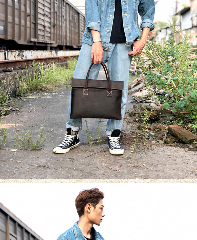 メンズ手提げかばん ハンドバッグ 手作業 韩国ファッション 牛革本革製 カジュアルビジネス用ブリーフケース薄型パソコンバッグ