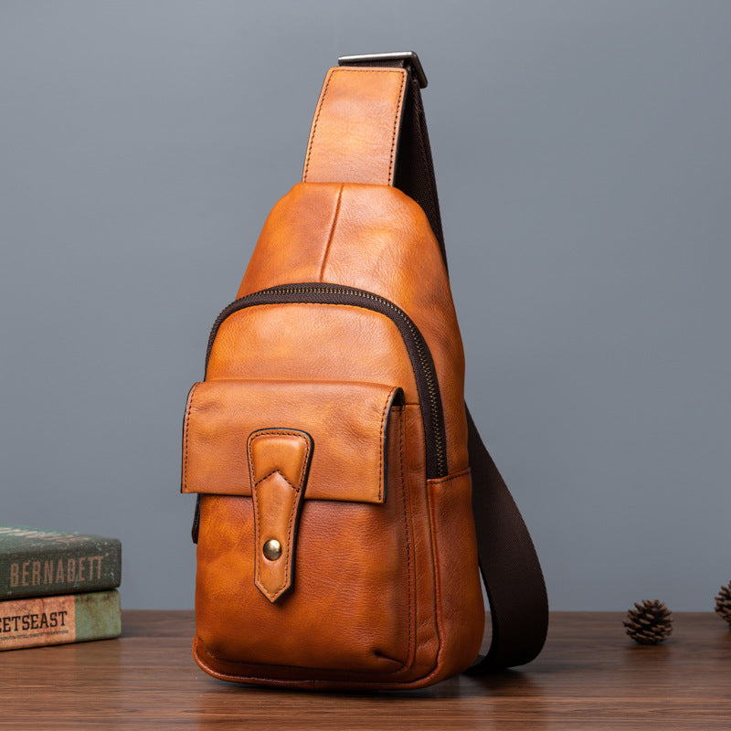メンズバストバッグ牛革本革製レトロカジュアル男性用斜めがけバッグ