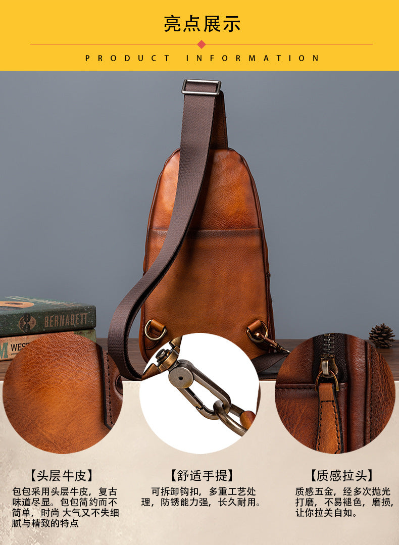 メンズバストバッグ牛革本革製レトロカジュアル男性用斜めがけバッグ